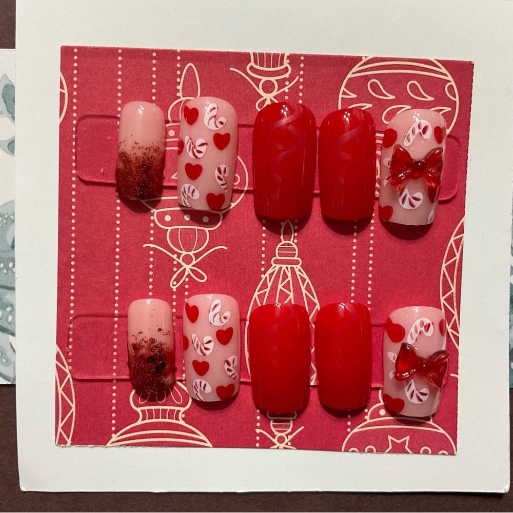 Christmas Size XSmall Press-On Nails Set - Red & Peppermint &  Heart Design #154